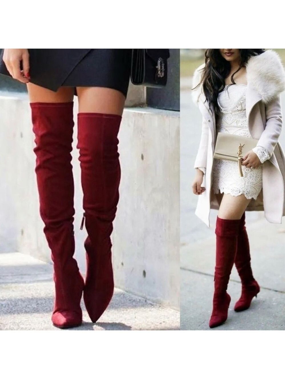 Zara faux Suede Burgundy Red Over Knee High Kitten Heel Pointed boots 6.5 NWT